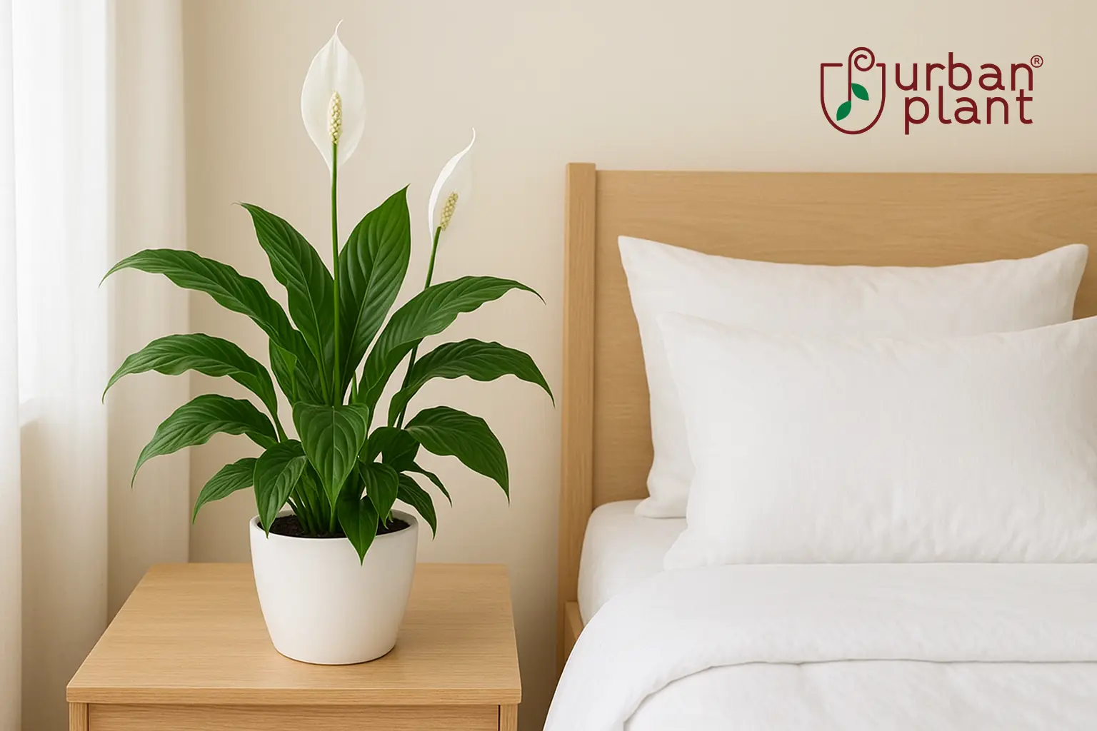 Peace Lily plant in a modern bedroom for stress relief and better sleep – Urban Plant.